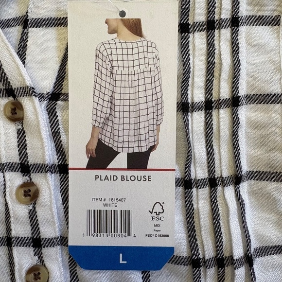 Wrangler White/Black Plaid Popover Blouse, 3/4 Sleeves, Large, NWT - Picture 5 of 15